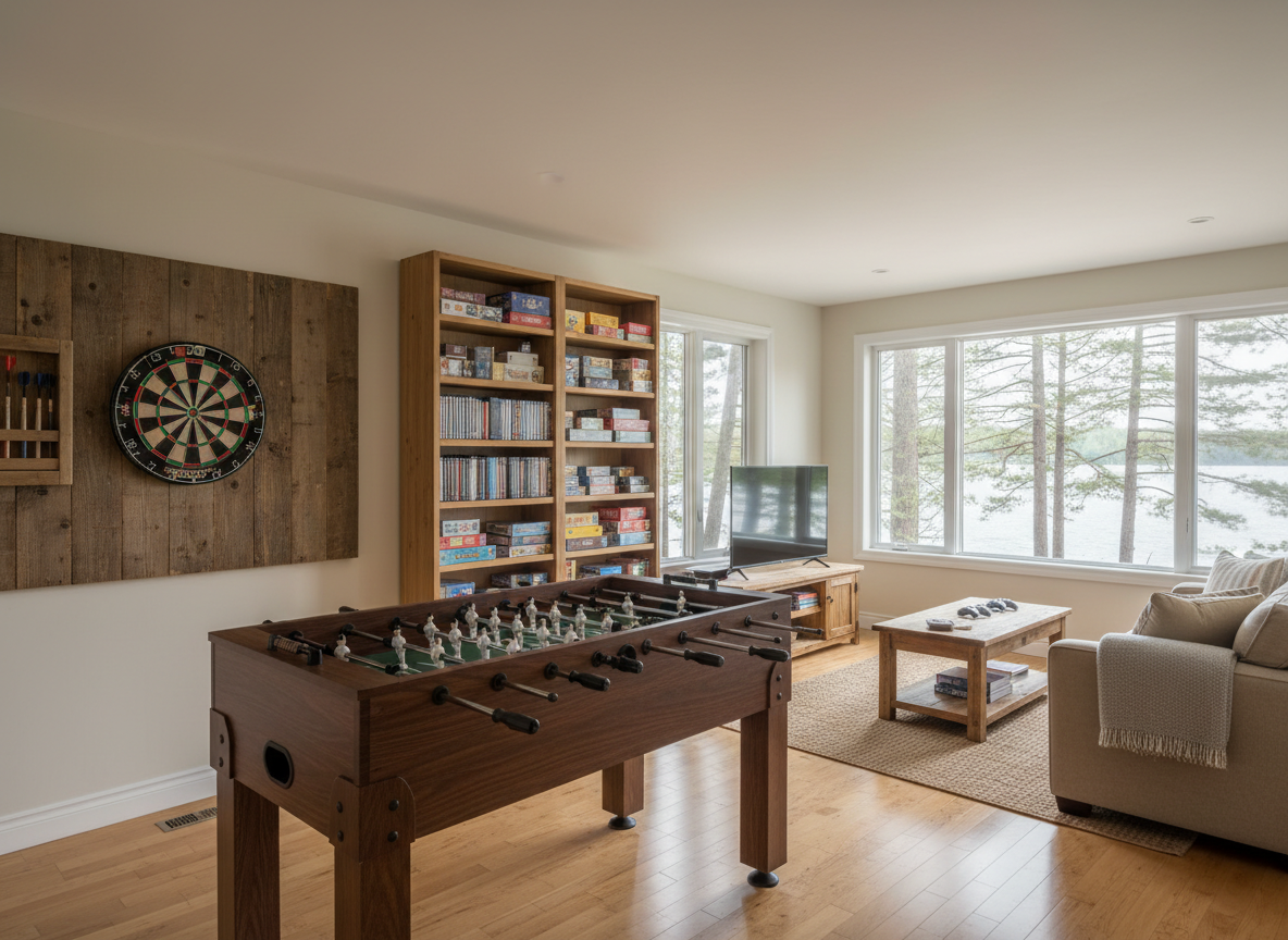 A bright, multi-purpose recreation room inside the cottage, shown in photographic realism, with a foosball table centered on a polished wood floor. Nearby, a classic dartboard is mounted on a protective wooden backboard, and open shelving holds neatly organized board games, DVDs, and puzzles. Large windows along one wall reveal glimpses of tall pines and filtered lake light, bathing the room in soft, natural illumination. A simple, comfortable sofa and a low media console with a modest television create a casual entertainment corner. The composition is eye-level with a balanced, slightly wide-angle view capturing all amenities without clutter. The atmosphere is warm, inviting, and subtly upscale, suggesting a perfect space for groups to unwind after a day on the lake or nearby trails.