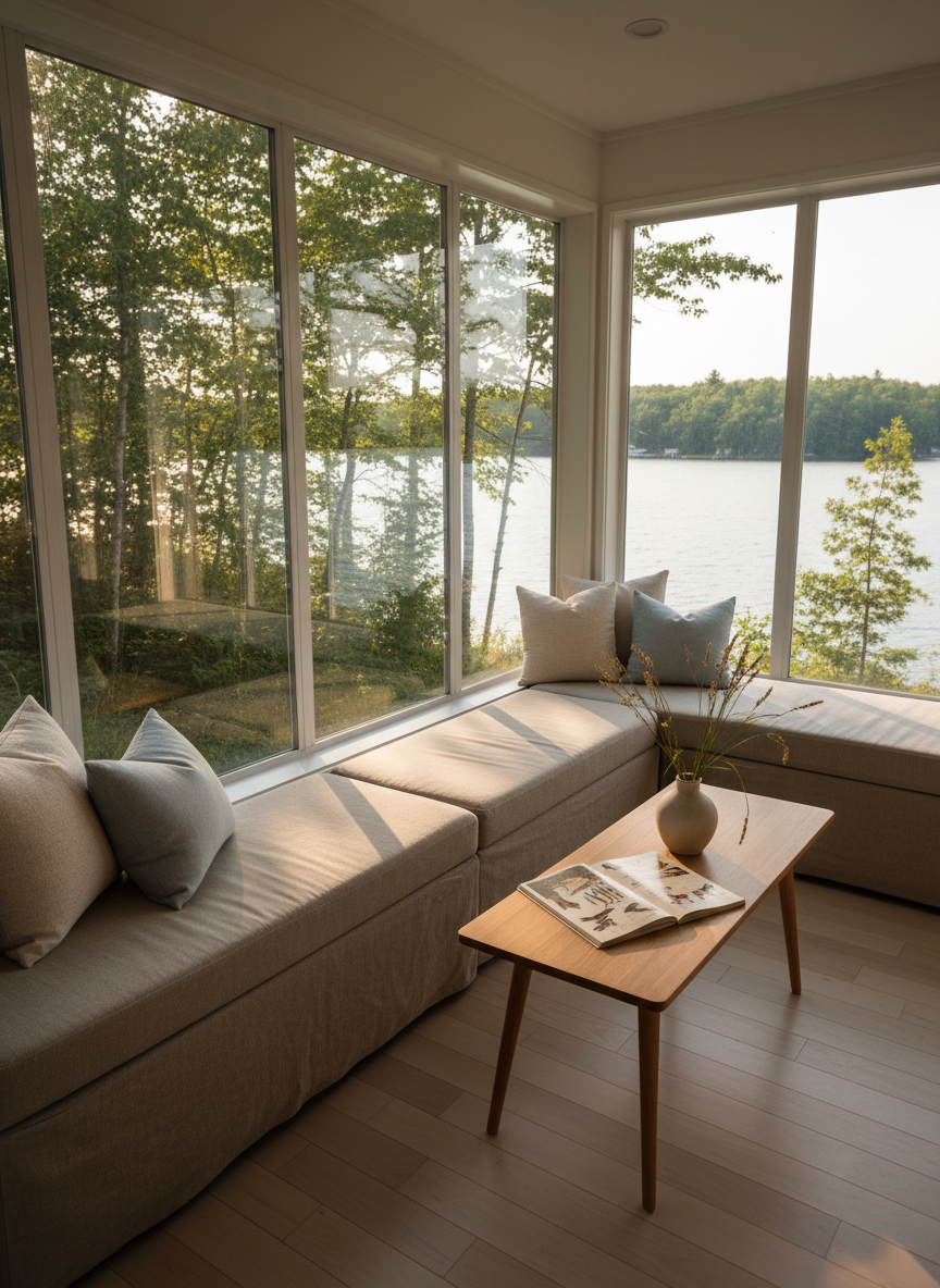 A sunlit lakeside sunroom in photographic realism, enclosed by floor-to-ceiling windows that offer an uninterrupted view of Lake St Peter and the surrounding forest. A long, cushioned bench in muted linen tones runs beneath the windows, accented with a few understated, textured pillows. A small, slender-legged wooden table holds a simple ceramic vase with lake grasses and an open field guide to local wildlife. Late-morning sunlight pours in, creating soft reflections on the glass and gentle shadows across the pale wood floor. The composition is from a slightly elevated corner, emphasizing openness and the seamless connection between interior and nature. The mood is serene, contemplative, and sophisticated, ideal for quiet reading or watching changing light on the water.