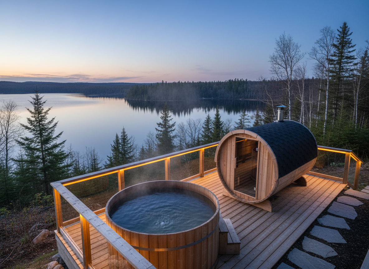 A serene lakeside hot tub and sauna setup on a secluded hilltop deck, rendered in photographic realism. The cedar hot tub, filled with gently steaming water, sits beside a sleek, glass-fronted barrel sauna, both oriented toward a panoramic view of Lake St Peter below. Early evening blue-hour light creates a subtle gradient sky, while low, warm deck lights trace the clean lines of the railing. The calm lake reflects the fading light, and silhouettes of spruce and birch trees frame the distant shoreline. The composition is shot from a slightly elevated corner angle, showcasing both the wellness amenities and the expansive vista. The mood is indulgent yet peaceful, emphasizing restorative luxury in a natural, secluded setting.