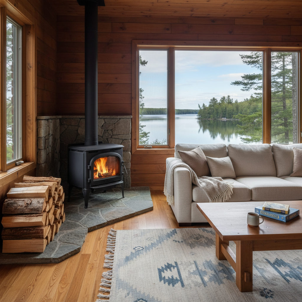 A cozy, wood-paneled lakefront living room interior in photographic realism, centered around a cast-iron wood-burning stove set on a stone hearth, with a neatly stacked pile of split firewood beside it. Warm, flickering firelight mingles with soft afternoon daylight streaming through large picture windows that reveal a serene view of Lake St Peter and surrounding pines. A plush, neutral-toned sectional sofa faces the stove, accented with textured wool throws and understated cushions. A solid wood coffee table holds a few classic board games and a simple ceramic mug. The composition is eye-level with a slight angle toward the windows, balancing the interior comfort with the outdoor scenery. The atmosphere is calm, sophisticated, and inviting, perfect for quiet gatherings and relaxation.